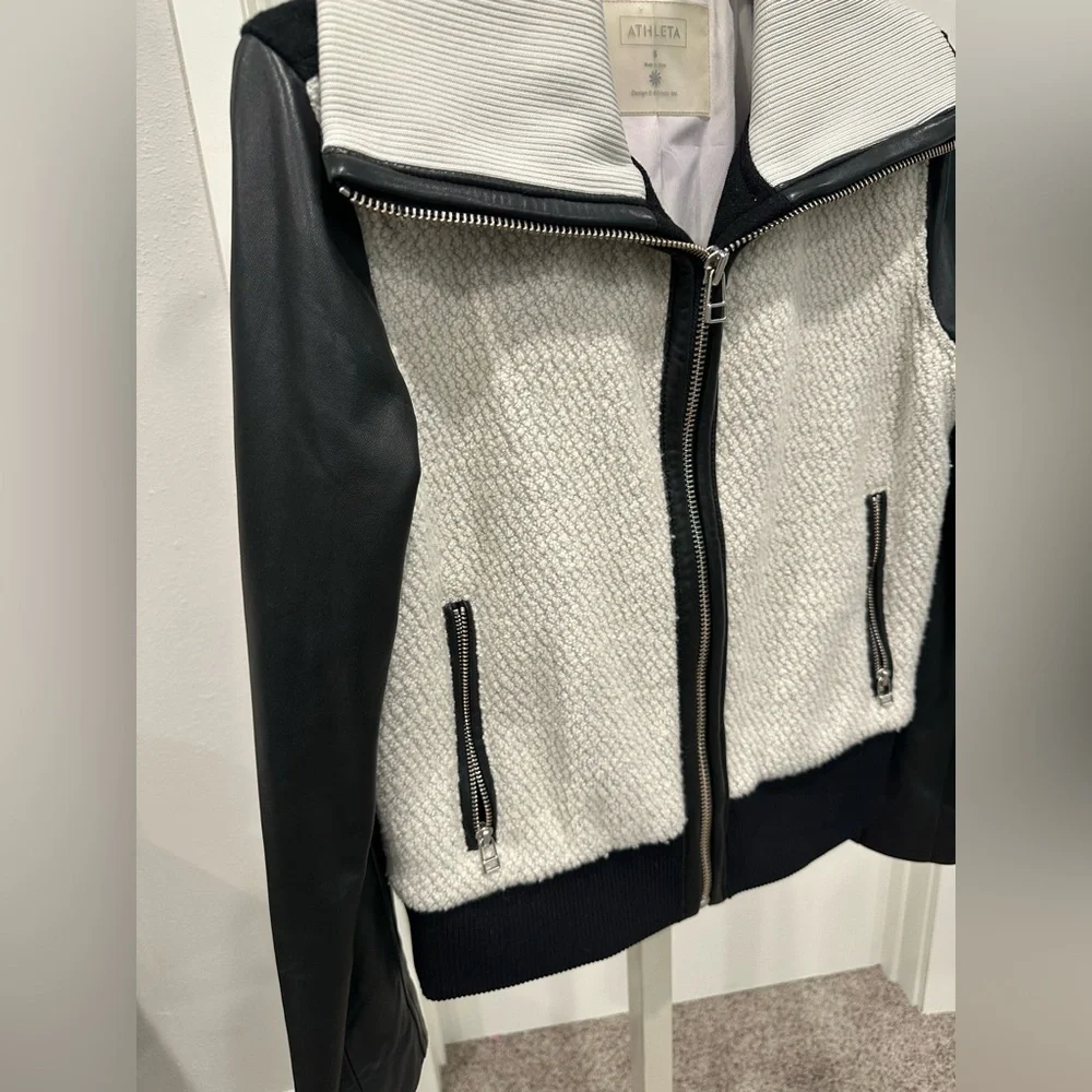 ATHLETA Bouclé Leather Bomber Jacket Black White Zip Cropped Jacket Small